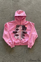 Embroidery Rhinestone Print Zip Hoodie image 1