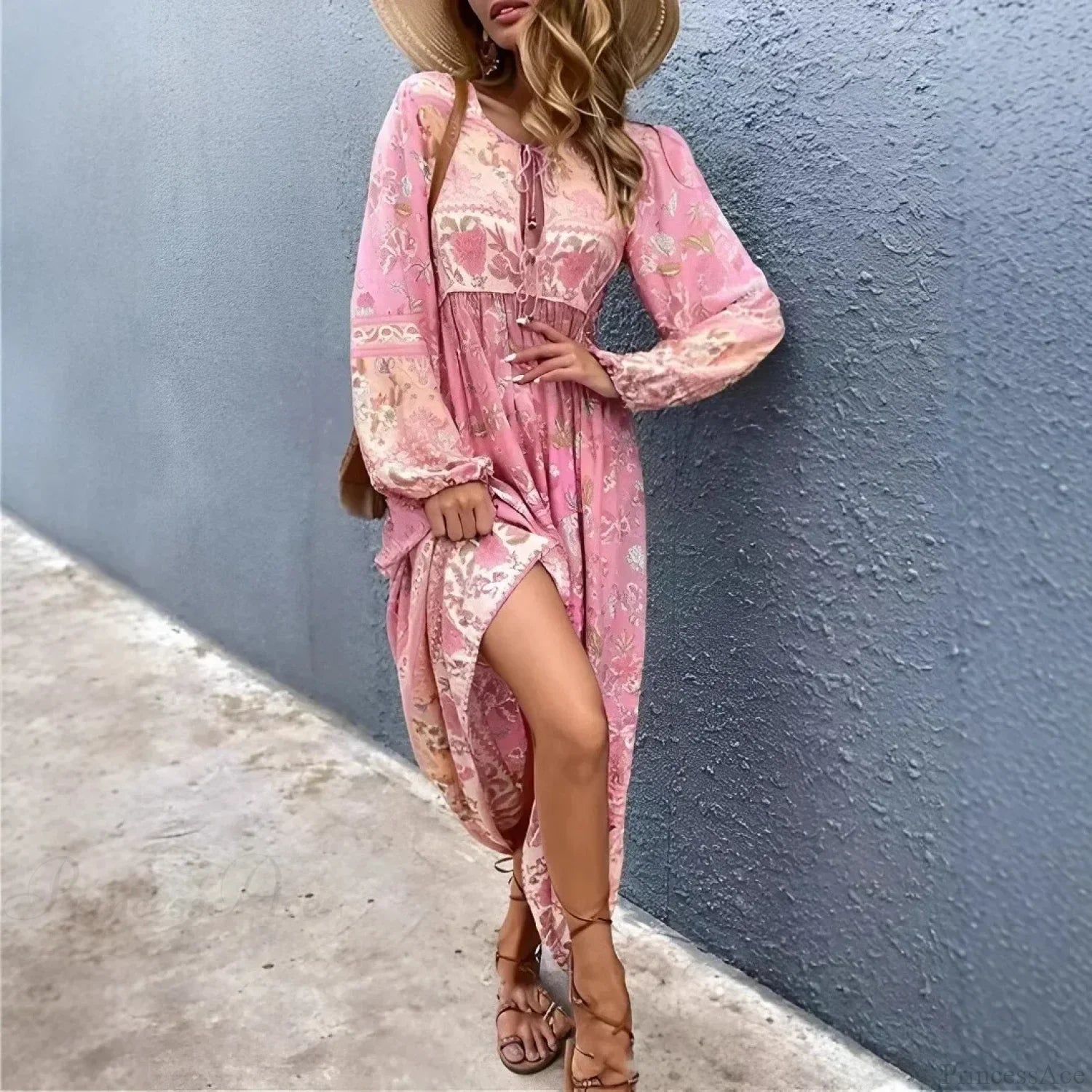 Ethnic Pink Floral Print Neck Tie Tassel Pleated Maxi Boho Dress image 1