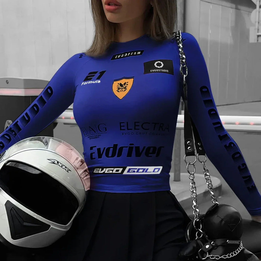 European American Motorcycle Style Letter Print Slim Knit Top image 8