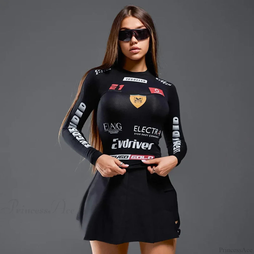 European American Motorcycle Style Letter Print Slim Knit Top image 4