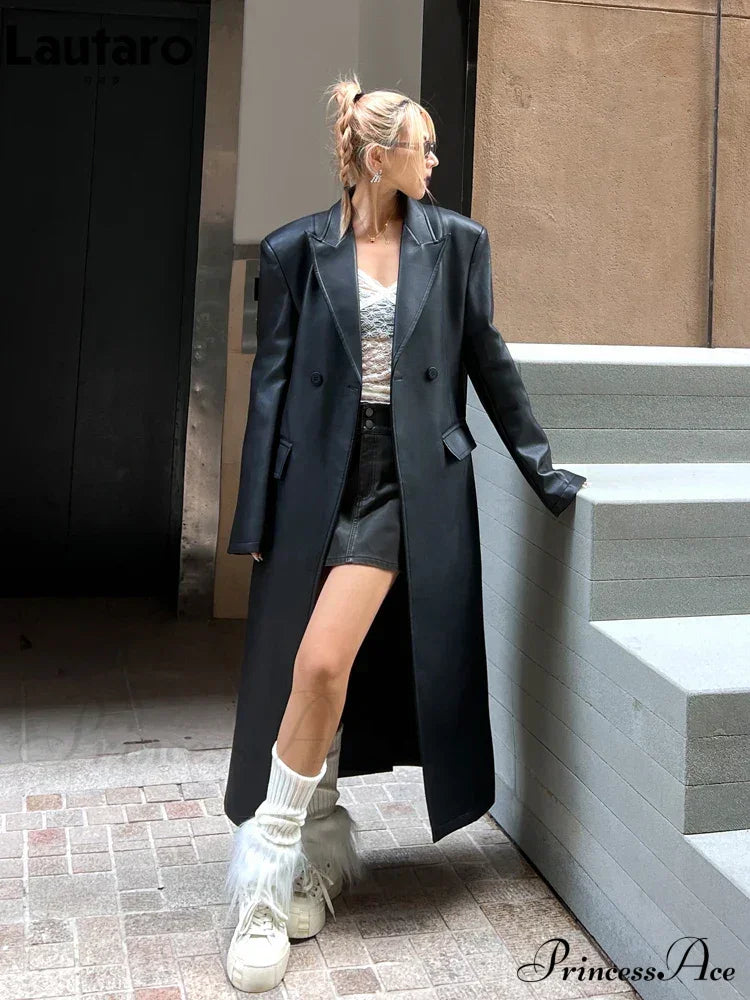 Extra Long Black Loose Pu Leather Shoulder Pads Double Breasted Faux Leather Blazer Stylish Coat image 1