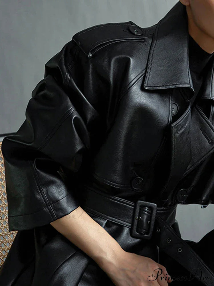 Extra Long Oversized Black Faux Leather Long Sleeve Belt Double Breasted Loose Fashion Stylish Coat image 2