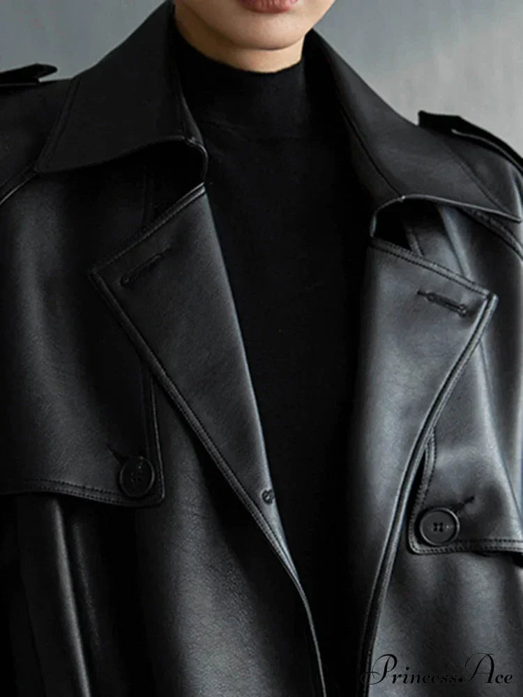 Extra Long Oversized Black Faux Leather Long Sleeve Belt Double Breasted Loose Fashion Stylish Coat image 1