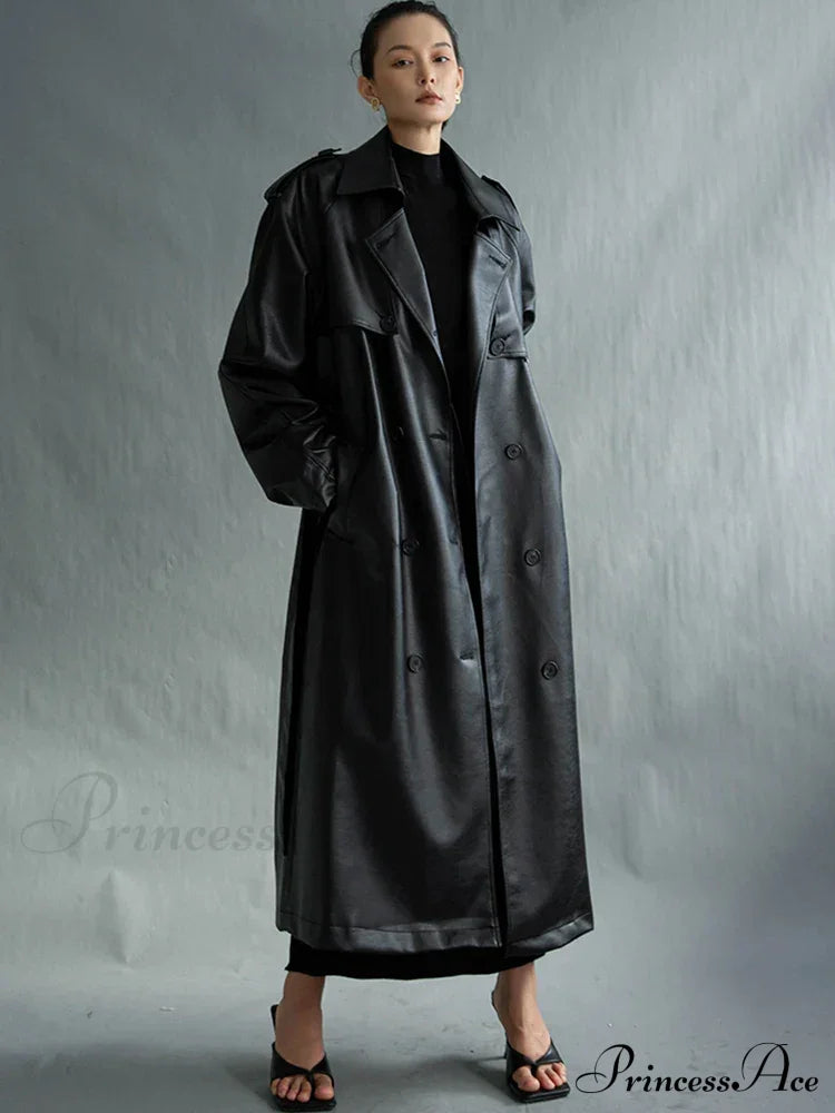 Extra Long Oversized Black Faux Leather Long Sleeve Belt Double Breasted Loose Fashion Stylish Coat image 3
