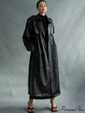 Extra Long Oversized Black Faux Leather Long Sleeve Belt Double Breasted Loose Fashion Stylish Coat image 3