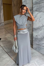 Solid Backless Tie Top Sequin Maxi Skirt Set image 4