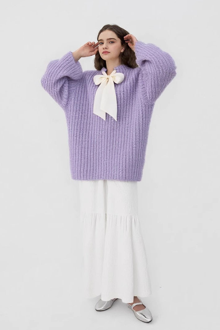 French-Style Bow Sequin Soft Luxe Lazy-Style Loose Knit Sweater image 1