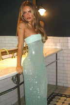 Sexy Strapless Solid Color Slim Fit Long Sequin Prom Dress image 5
