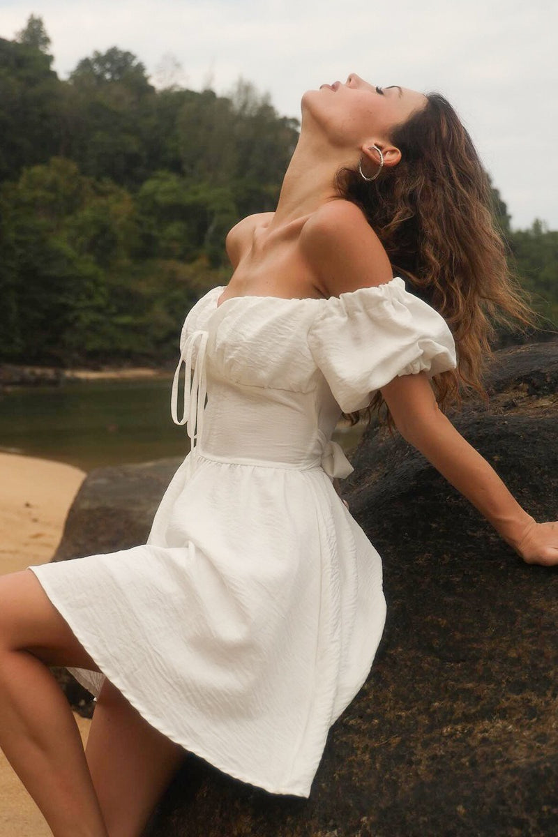 Off Shoulder Puff Sleeve Tie Mini Dress image 6