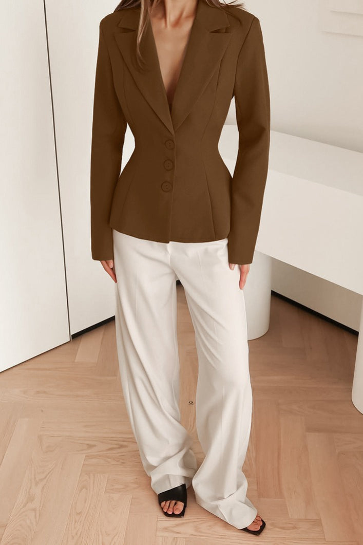 Fitted Waist V-Neck Padded Shoulder Long Sleeve Blazer image 7