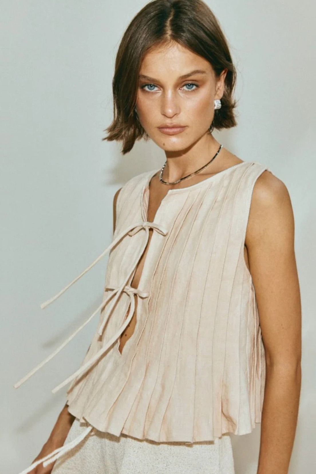 Solid Ruffled Tie Linen Cotton Shirt Tank Top image 9