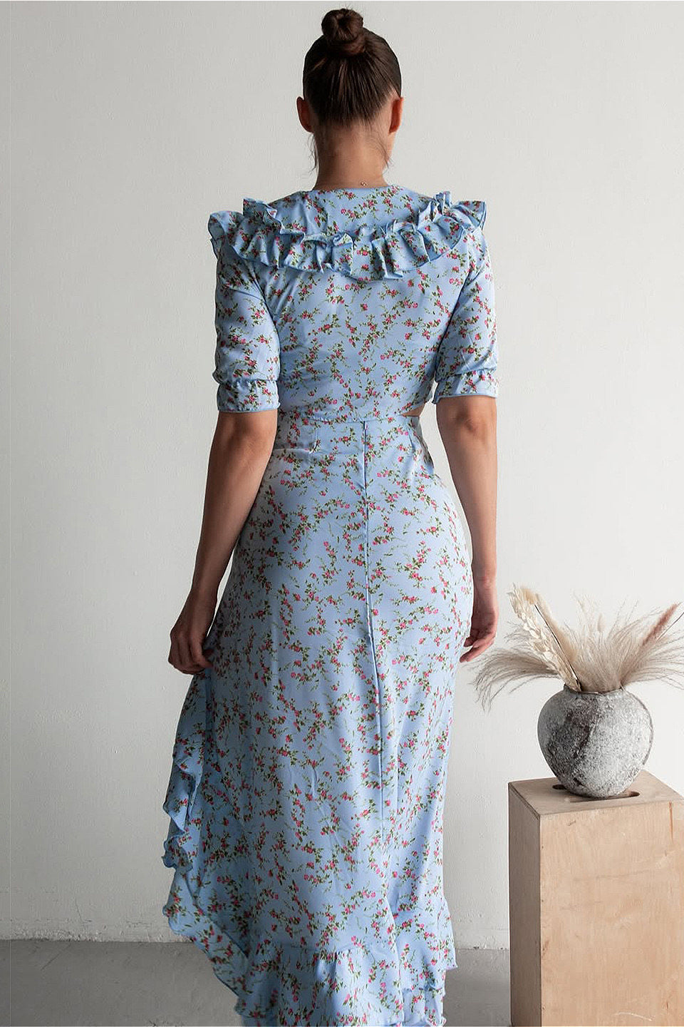 Floral Light Blue Ruffled Split Midi Skirt Two Piece Set image 3