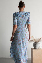 Floral Light Blue Ruffled Split Midi Skirt Two Piece Set image 3