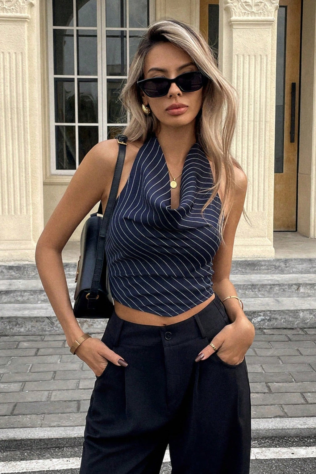 Elegant Stripe Halter Draped Tank Top image 8