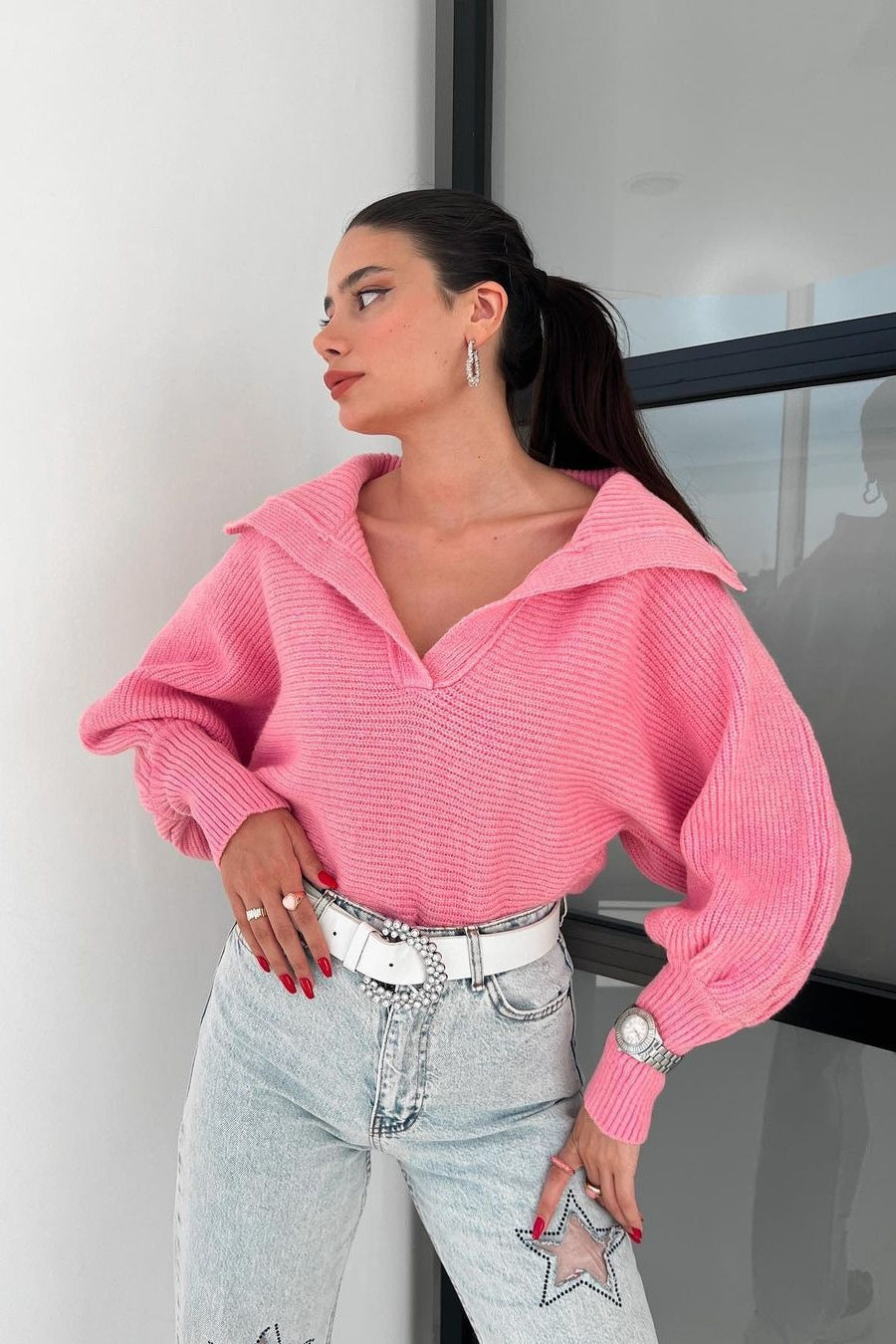 Lantern Sleeve Open Collar Knit Sweater image 11