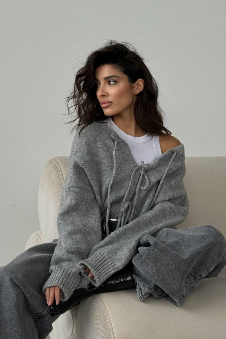 Solid Color Bow Tie Long Sleeve Knit Cardigan image 2