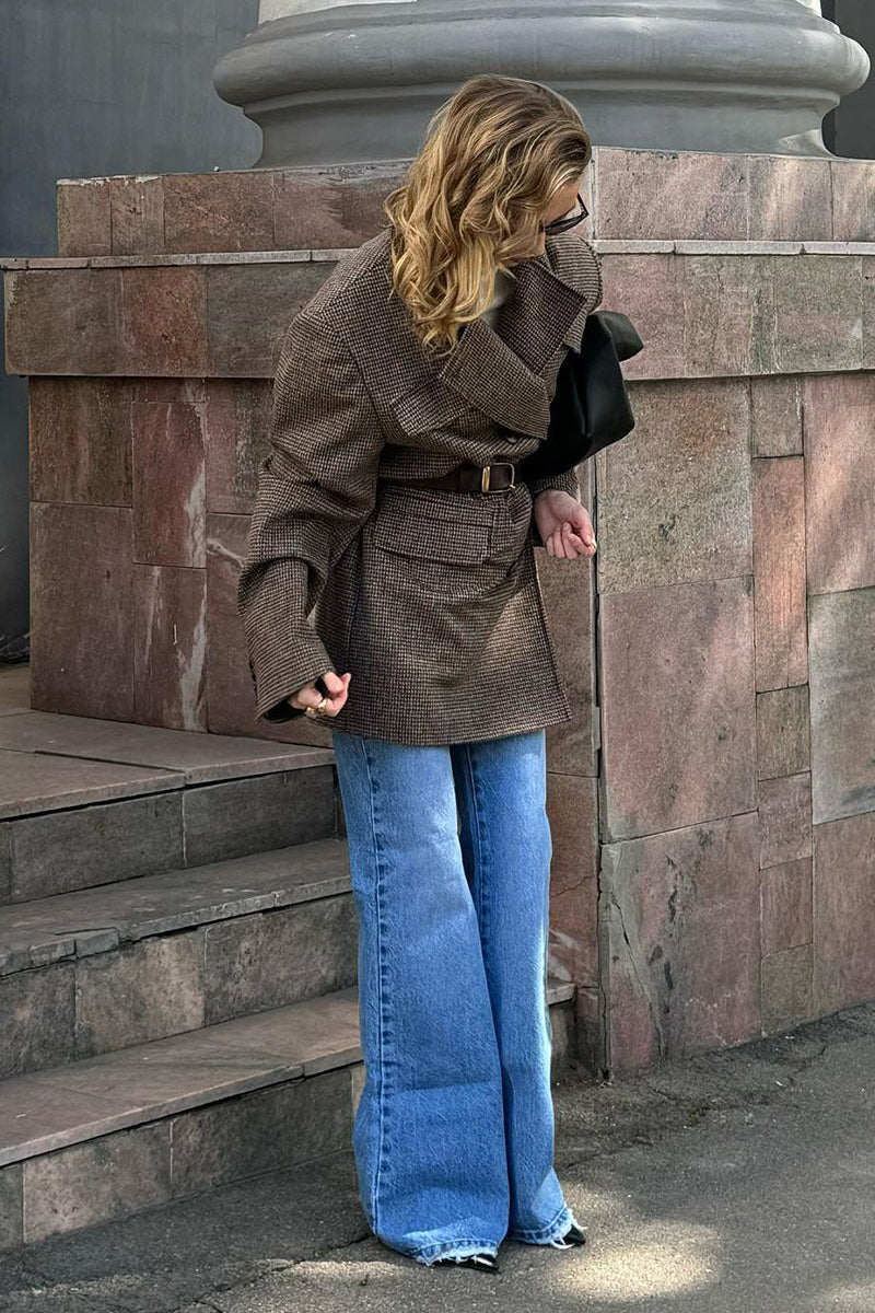 Houndstooth Wool Double Breasted Mid Length Trench Coat image 6