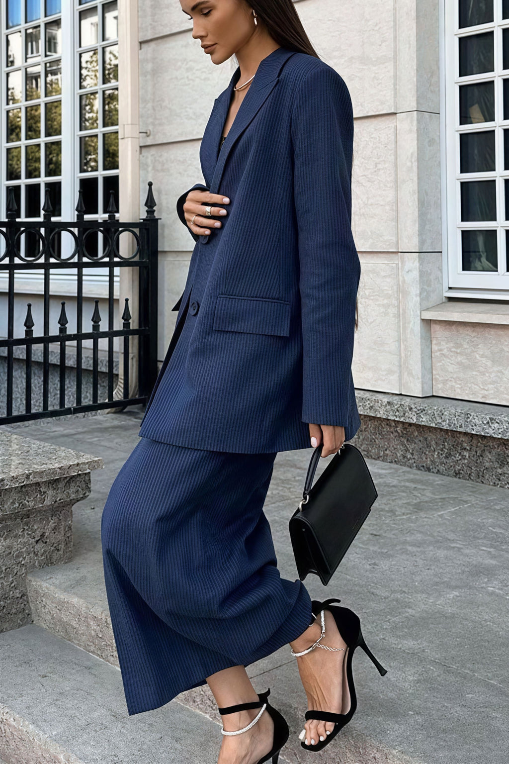 Striped Lapel Long Sleeve Blazer Slit Skirt Set image 5