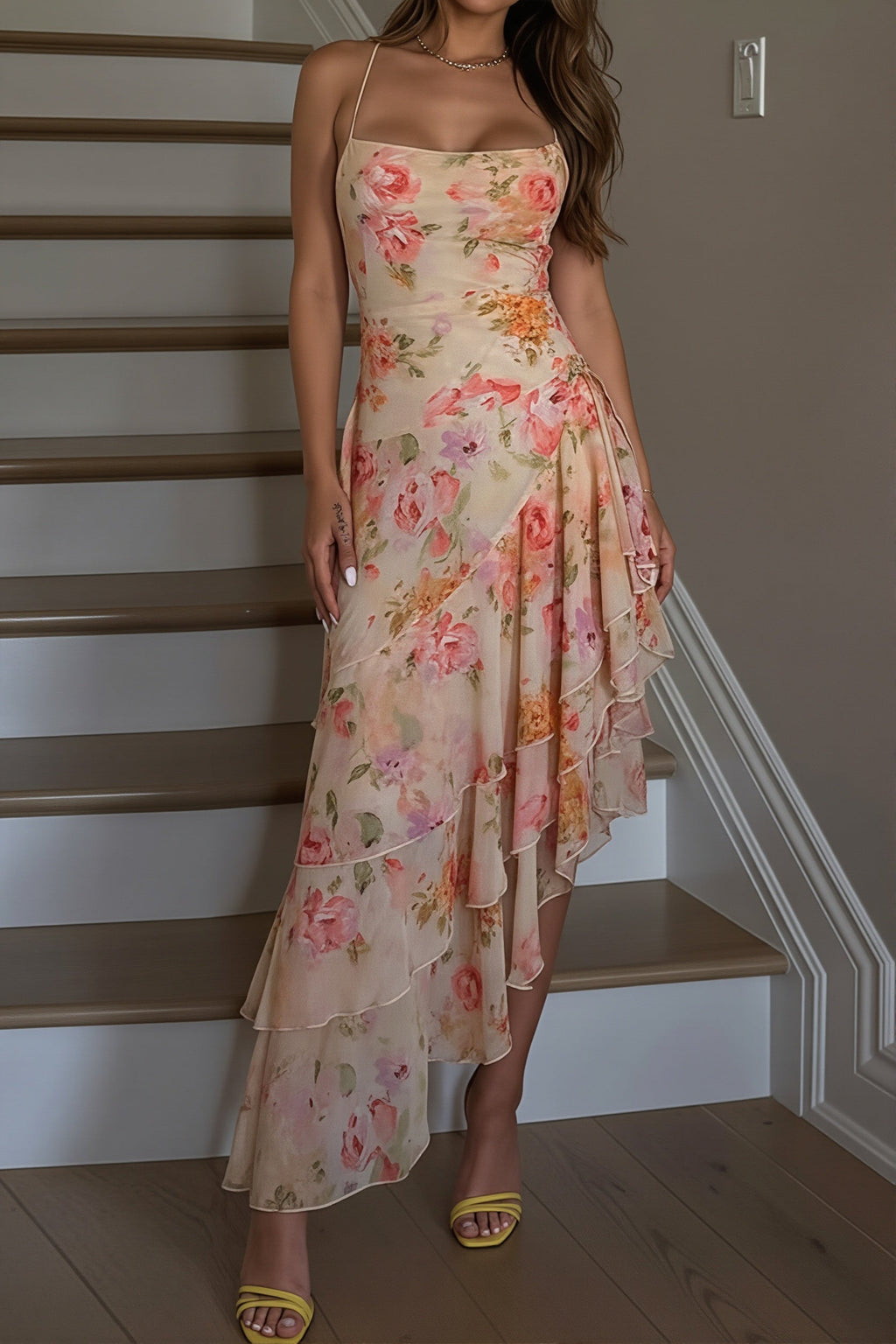 Irregular Hem Floral Halter Maxi Dress image 1