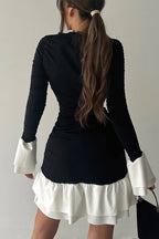 Color Block Ruched Fitted Flared Sleeve Ruffled Hem Mini Dress image 4