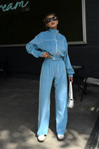 Athletic Velvet Collar Zipper Long Sleeve Two Piece Set image 14