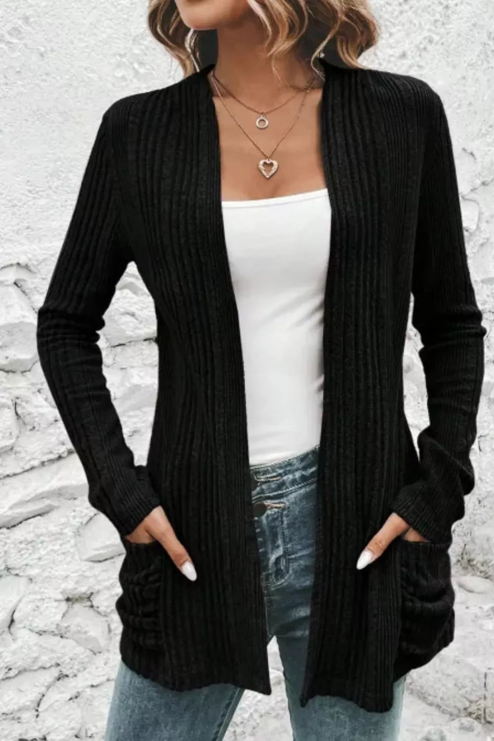 Estelle Pocket Cardigan detail view styled for Avrienne