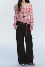 Off Shoulder Red Checkered Long Sleeve Blouse image 2