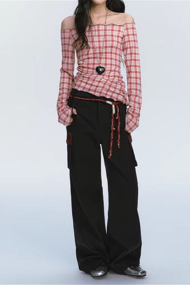 Off Shoulder Red Checkered Long Sleeve Blouse image 2