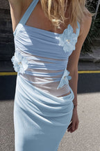 3D Floral Patchwork Halter Slim Cutout Waist Maxi Dress image 7