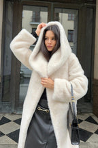 Faux Mink Fur Long Hooded Belted Plush Overcoat image 5