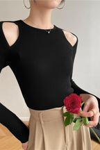 Retro Crew Neck Off-Shoulder Split-Cuff Slim Knit Top image 7