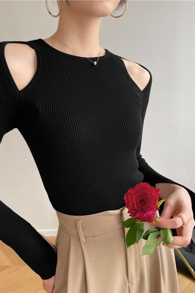 Retro Crew Neck Off-Shoulder Split-Cuff Slim Knit Top image 7