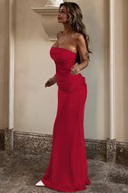 Chic Solid Satin Shirred Strapless Elegant Maxi Dress image 6