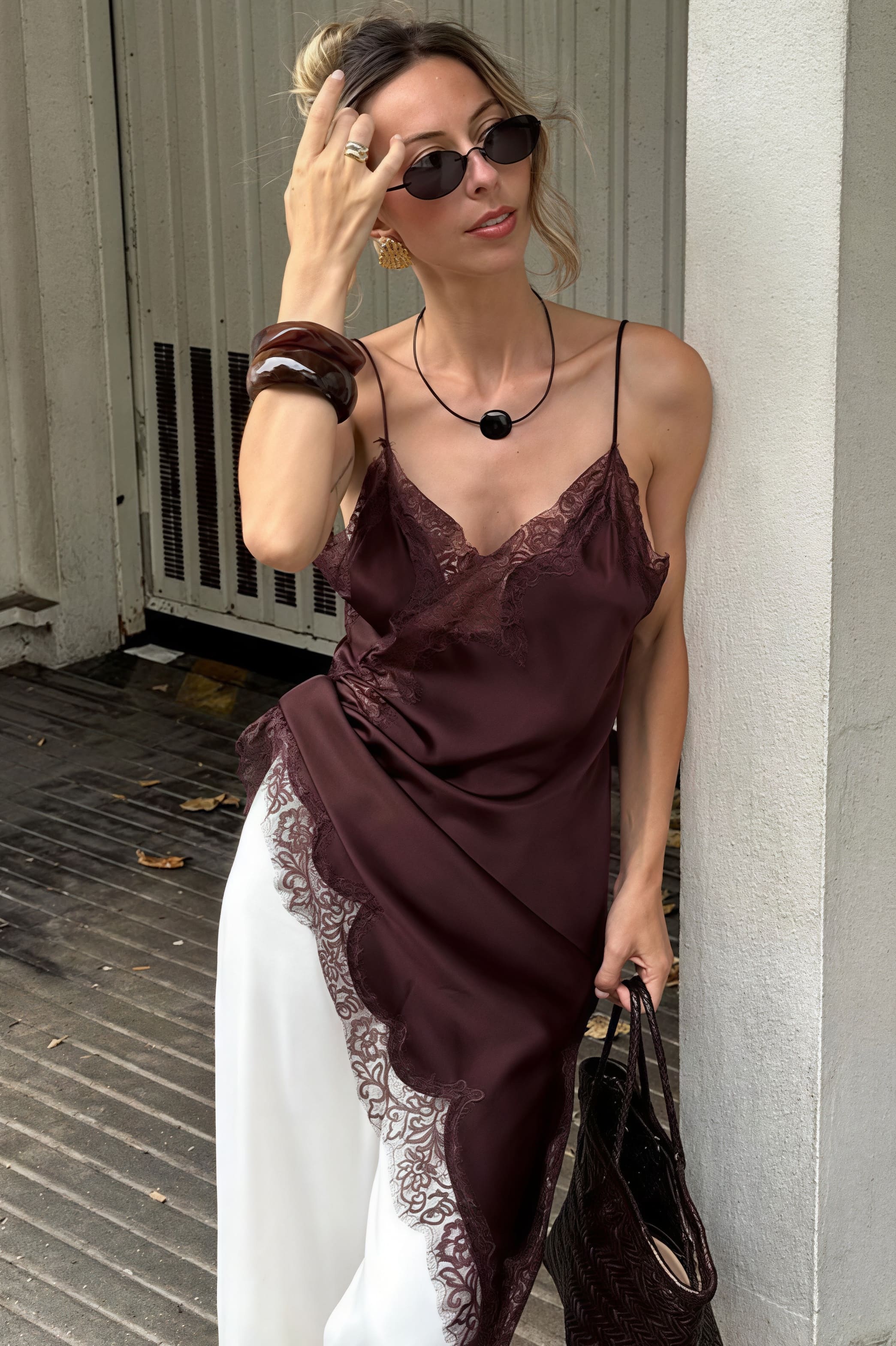 Lace Trim Patchwork Low Cut Asymmetrical Slit Cami Top image 1