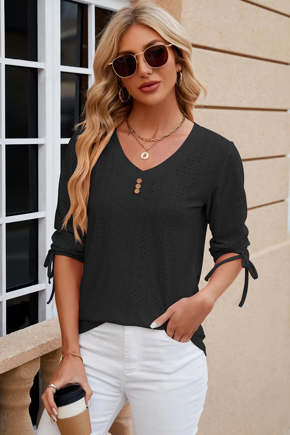 Petra Eyelet Top detail view styled for Avrienne