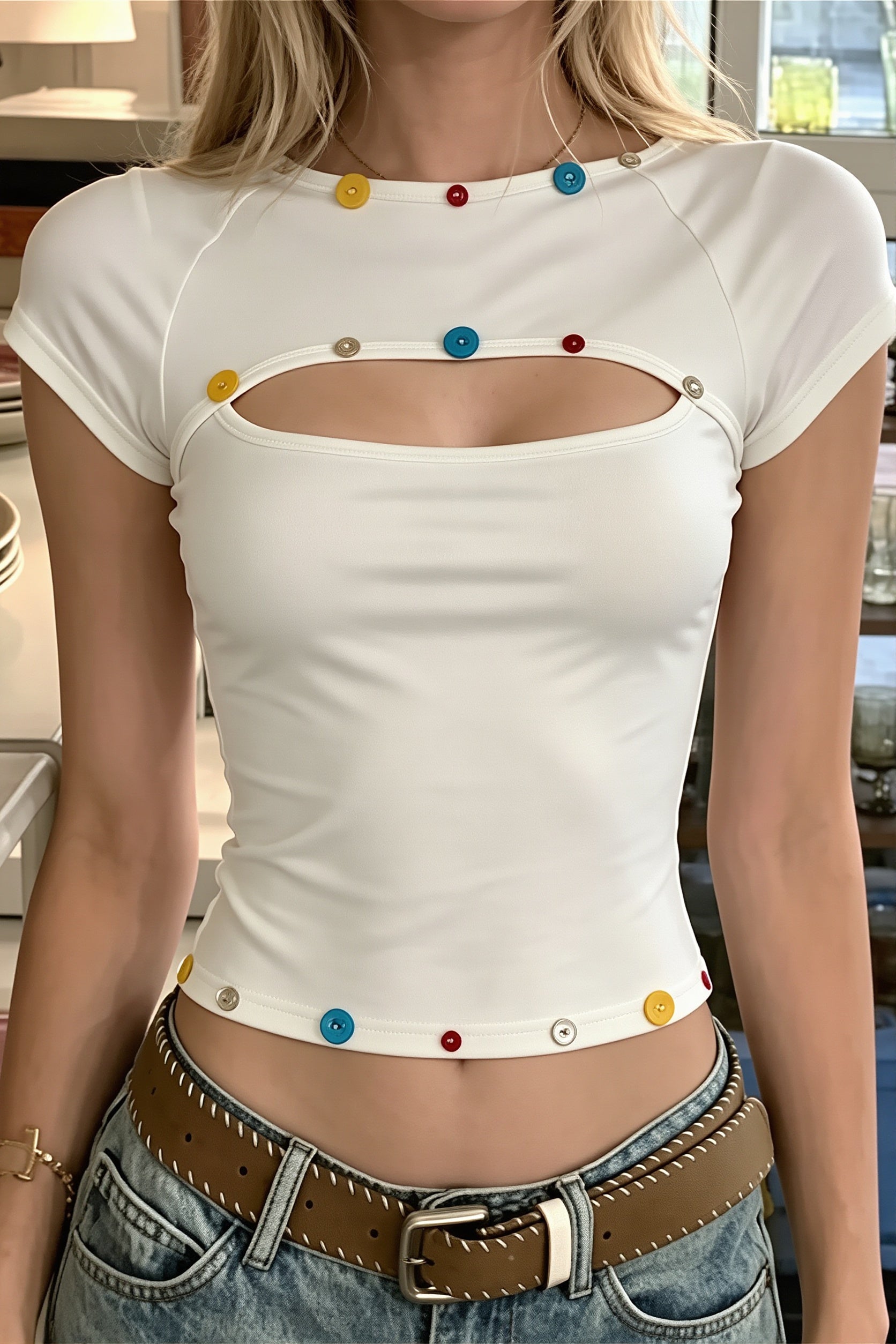 Color Button Hollow Cropped T-Shirt image 2