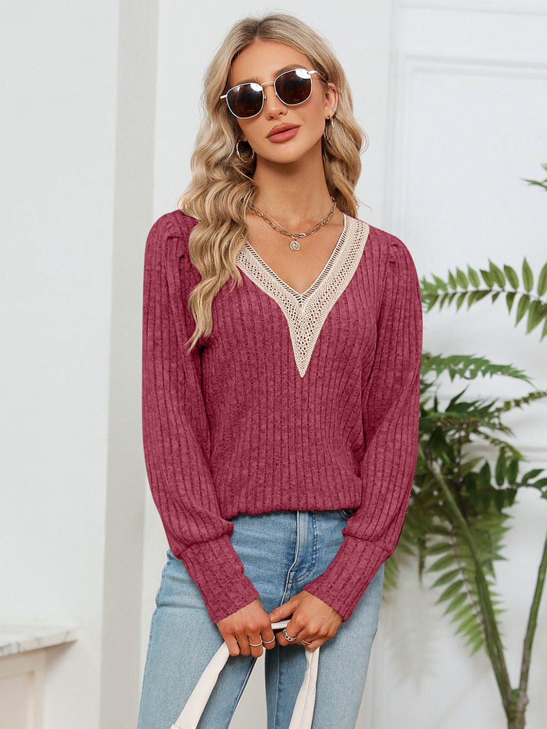 Rosalie Lace Ribbed Blouse detail view styled for Avrienne