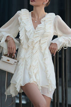 Ruffled Tie V Neck Long Sleeve A Line Mini Dress image 5