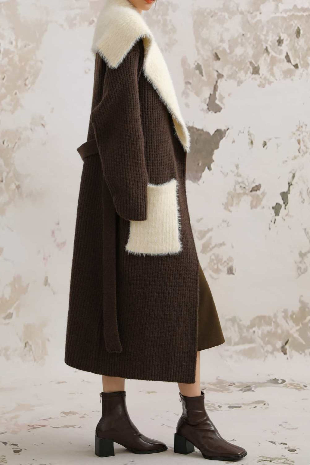 Faux Fur Collar Long Patchwork Loose Knit Overcoat image 7