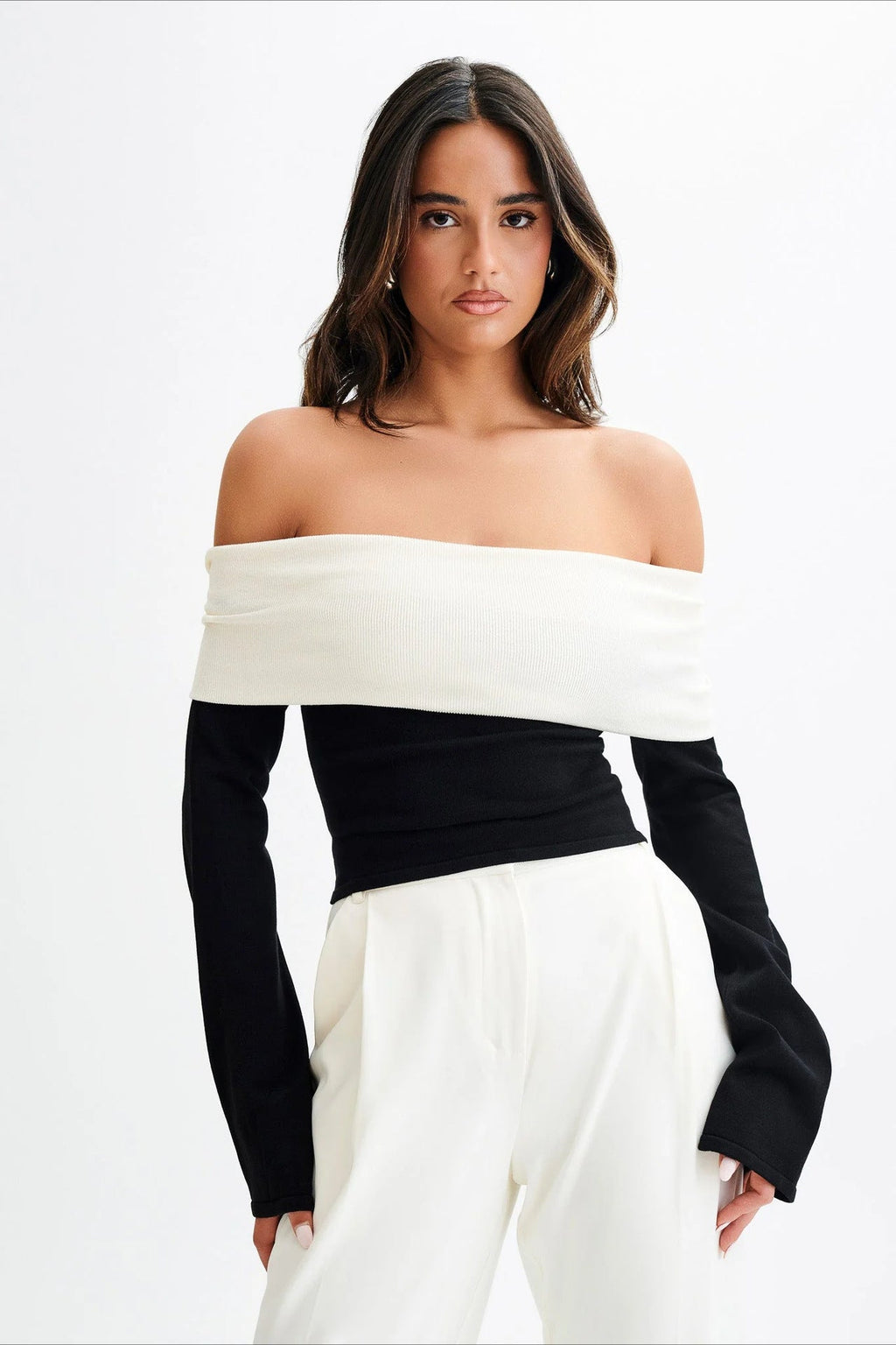 Off-Shoulder Fitted Knit Sweater image 1