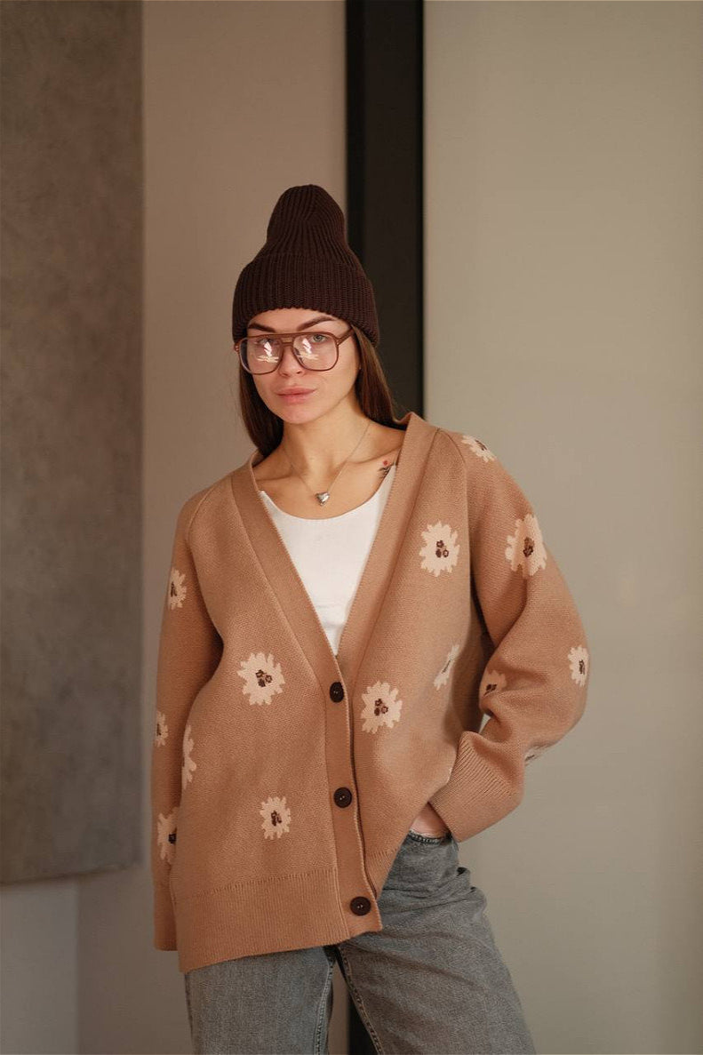 Fuzzy Daisy Jacquard Loose V-Neck Cardigan image 5