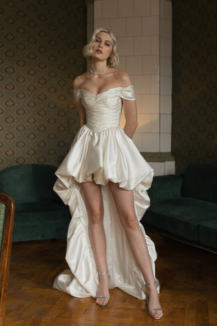 Satin Off Shoulder High Low Reception Dress image 1