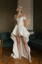 Satin Off Shoulder High Low Reception Dress image 1