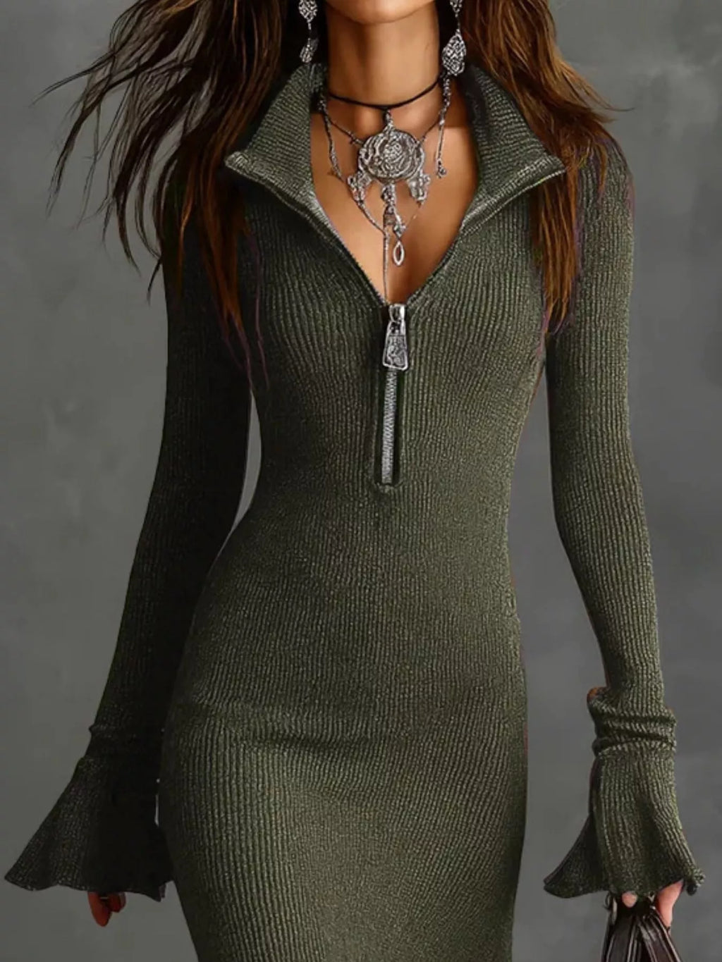 Valeria Ribbed Midi Dress detail view styled for Avrienne