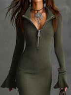 Valeria Ribbed Midi Dress detail view styled for Avrienne