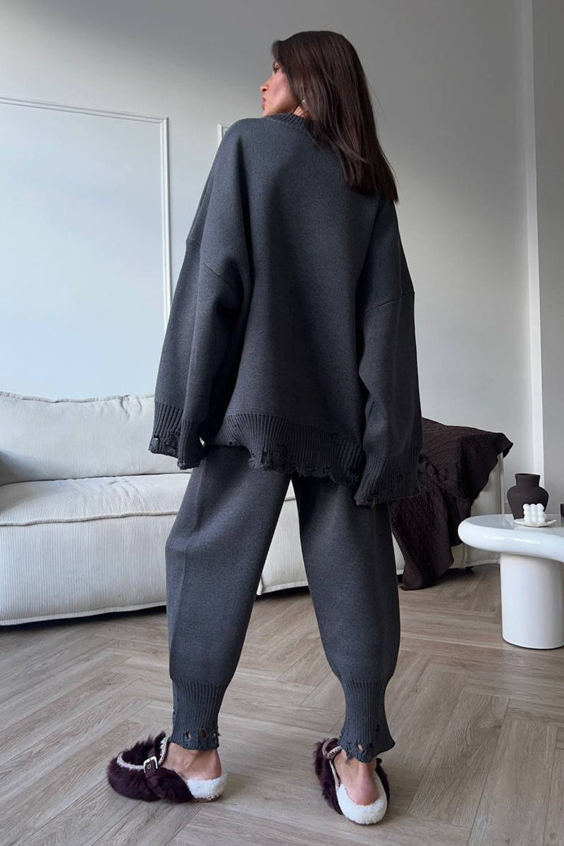 Solid Distressed Knit Crew Neck Sweater Two Piece Set image 14