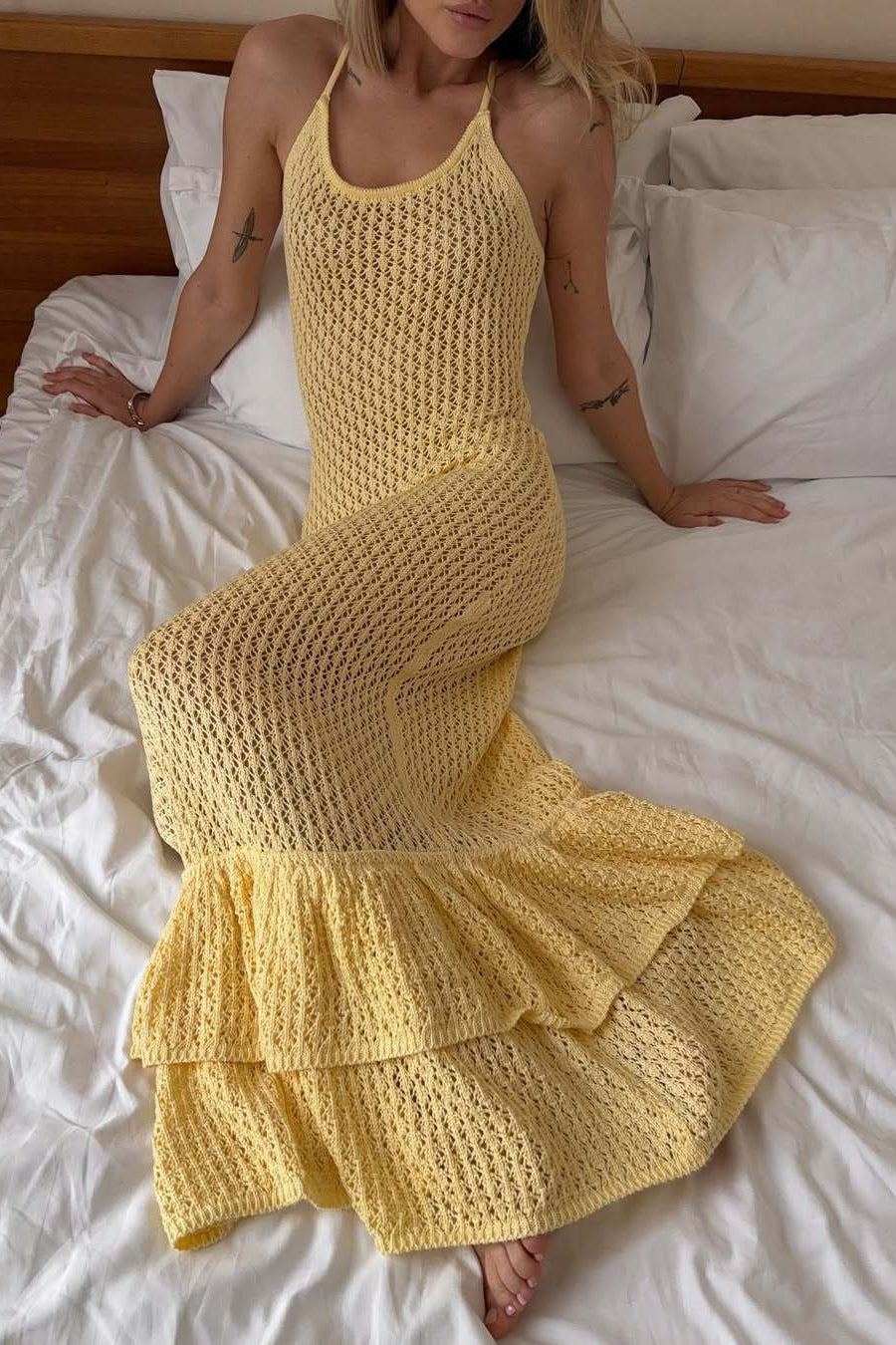 Boho Ruffle Knit Sexy Cutout Sheer Cami Maxi Dress image 1