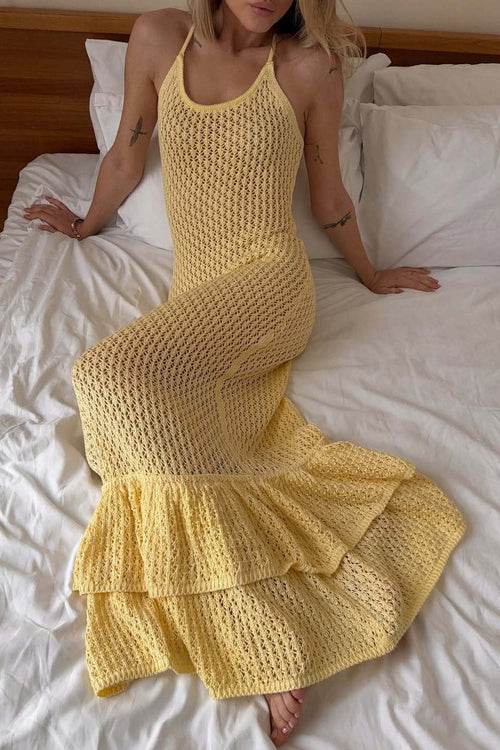 Boho Ruffle Knit Sexy Cutout Sheer Cami Maxi Dress image 1