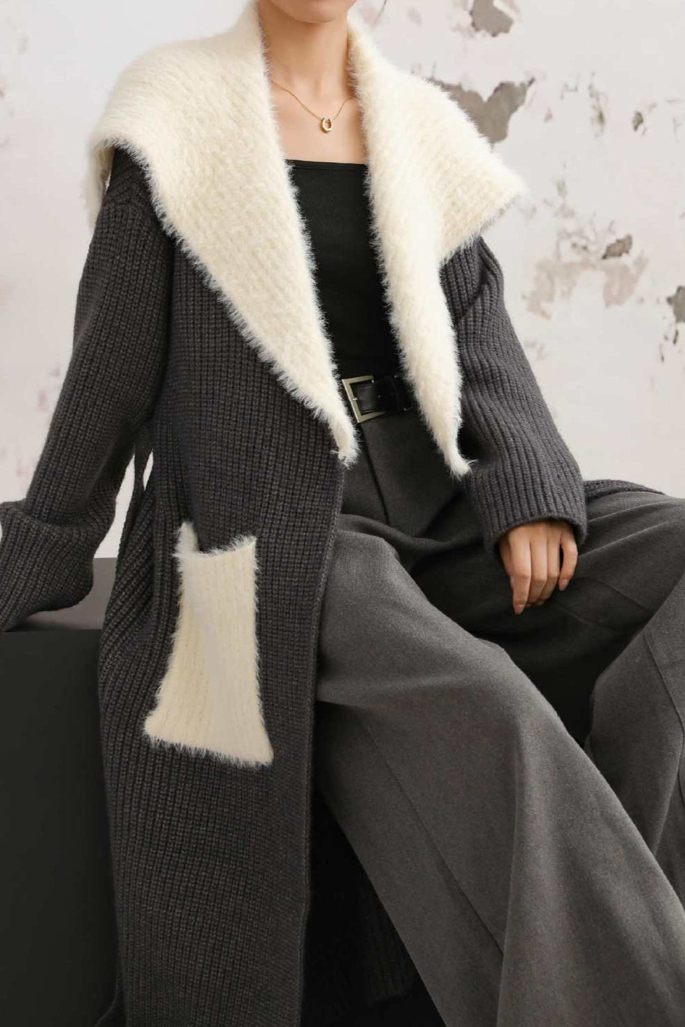 Faux Fur Collar Long Patchwork Loose Knit Overcoat image 13