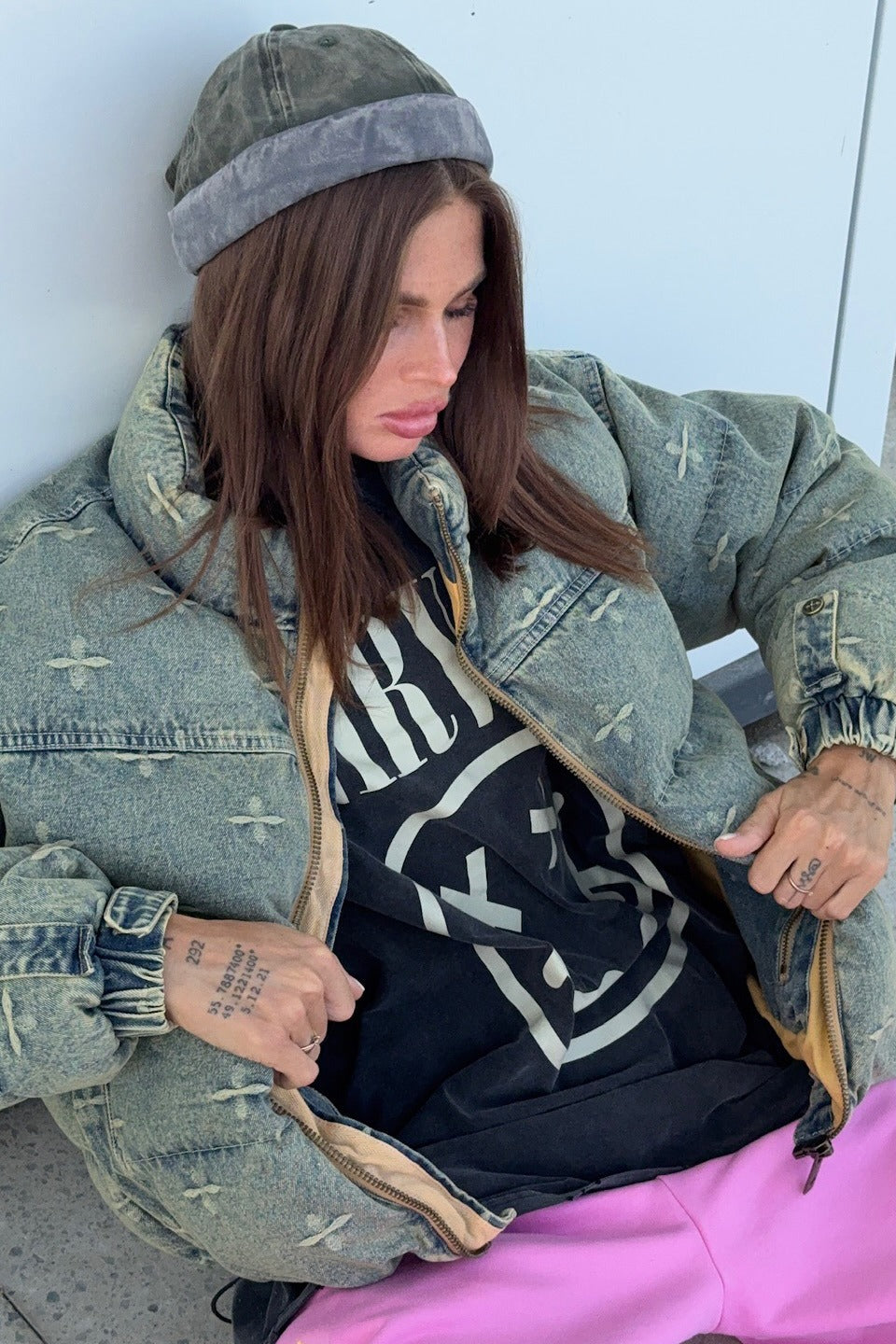 Vintage Washed Cross Embroidery Puffer Jacket image 5